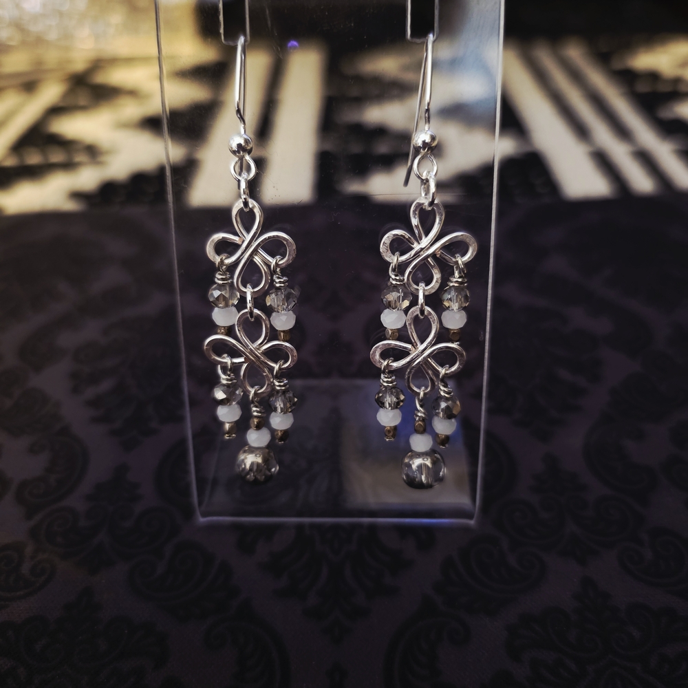 Silver Filigree Dangle Earrings with White Beads